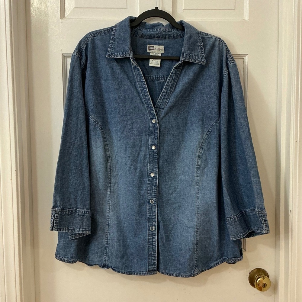Faded Glory 100% Cotton Denim Shirt 26W 28W 3/4 Sleeve Western  Utility Cowgirl